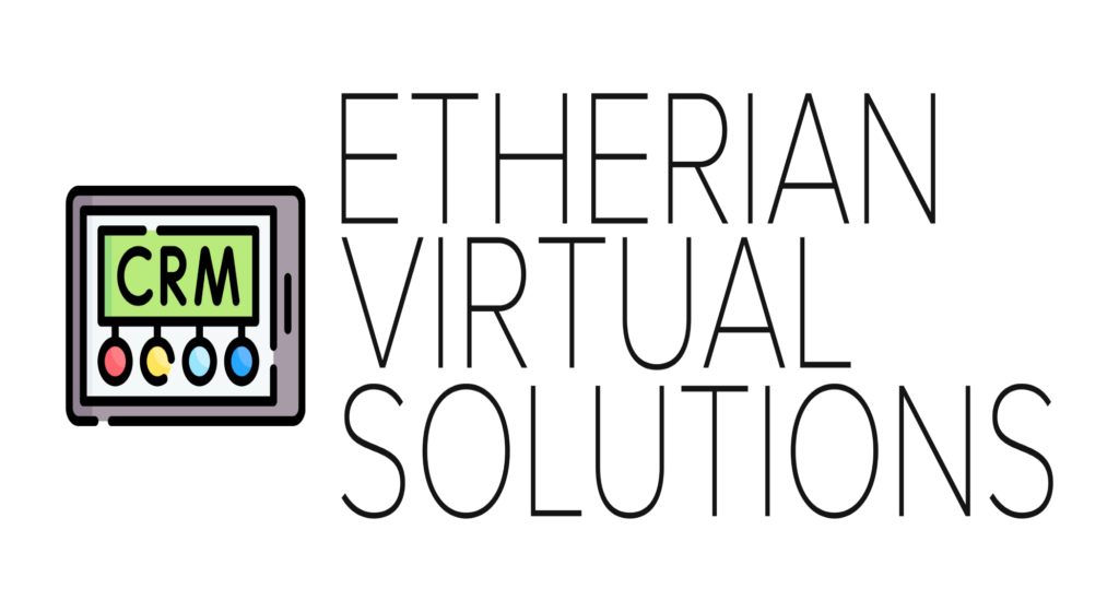 Logo of Etherian Virtual Solutions featuring a stylized computer monitor displaying the letters ‘CRM’ with three colored dots below, flanked by the words ‘ETHERIAN VIRTUAL SOLUTIONS’ in bold, capital letters.